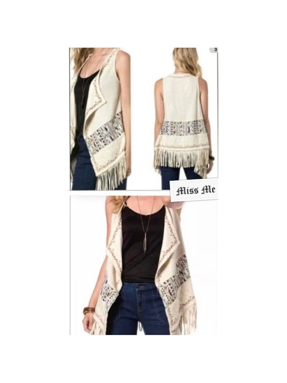 Boho Western Vest by Miss Me Tribal Embroidered Fringe Vest Size Medium